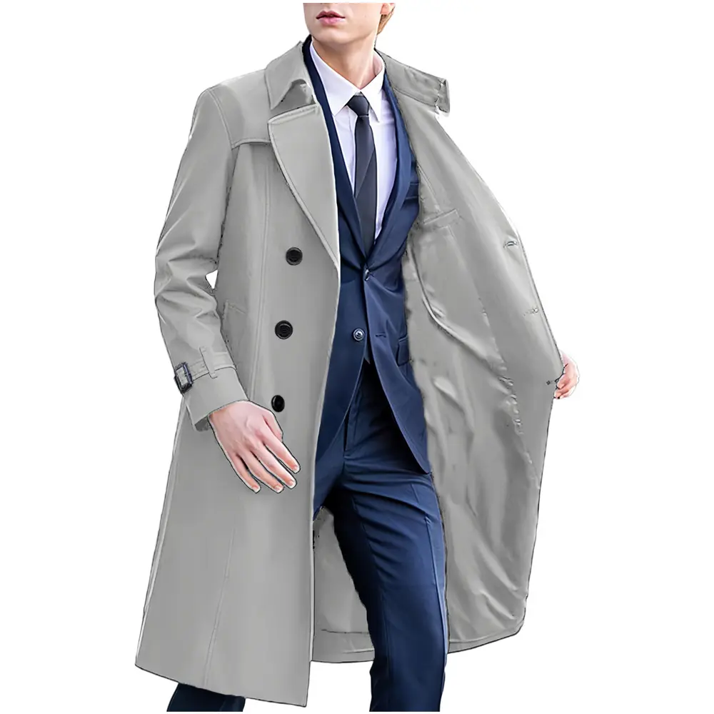Men’s Long Trench Coat in Polyester Blend, Solid Color Men’s Long Trench Coat in Polyester Blend, Solid Color
