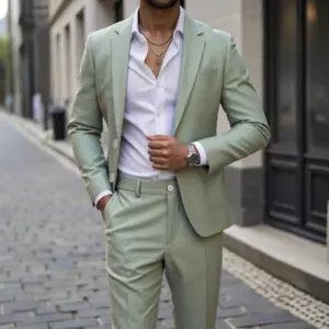 Slim Fit Green Polyester Men’s Business Suit Set - Regular