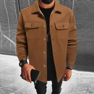 New Mens Button-front Overcoat With Flap Pockets