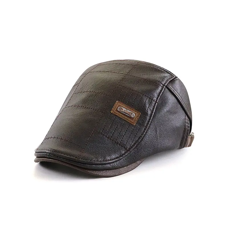 Warm Fleece-Lined PU Leather Peaked Cap for Winter
