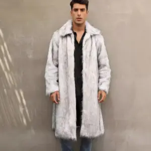 Warm Faux Fur Long Coat for Men with Fur Collar & Pockets