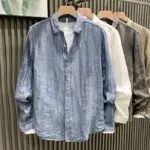 Wrinkle-Resistant Hidden-Pleat Linen Long-Sleeve Shirt