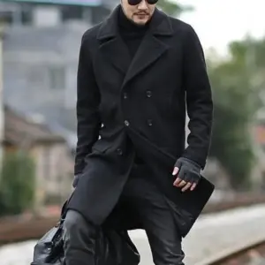 Men’s Wool Lapel Trench Coat with Polyester Lining
