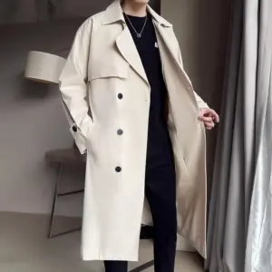 Beige Men’s Double-Breasted Trench Coat with Classic Fit
