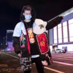 Graffiti Hip-Hop Trench Coat with Hood, Loose Fit Black
