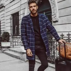 Slim Fit Men’s Plaid Trench Coat with Suit Collar