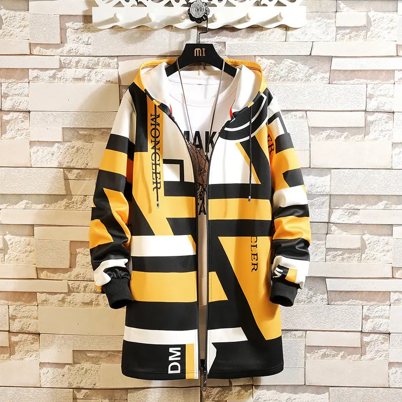 Hooded Mid-Length Trench Coat for Men with Zipper Closure