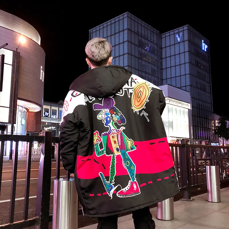 Graffiti Hip-Hop Trench Coat with Hood, Loose Fit Black