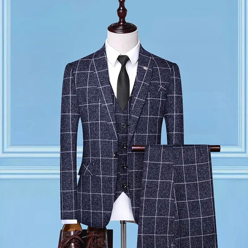 Professional Cotton-Blend Checkered 3-Piece Suit for Men