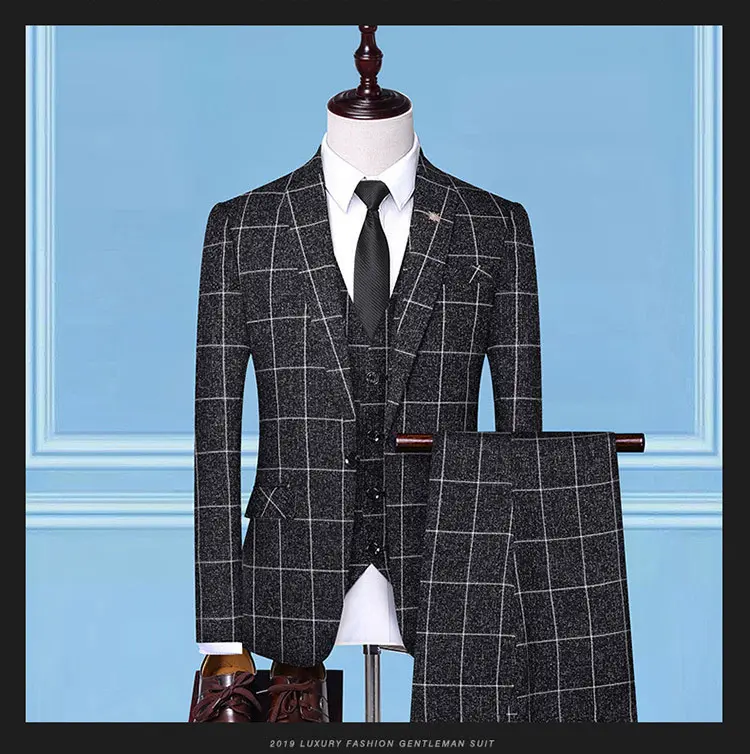 Professional Cotton-Blend Checkered 3-Piece Suit for Men