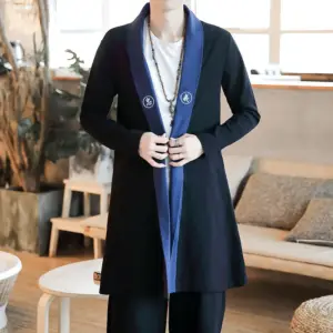 Mid-Century Embroidered Trench Coat Jacket for Men - Black