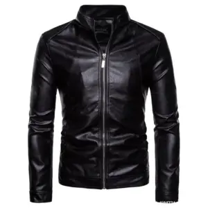 Motorcycle Stand-Up Collar Leather Jacket for Men - Black