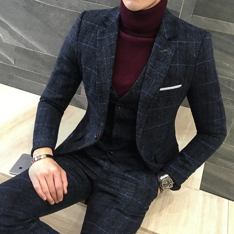 Skinny Fit Plaid Men’s Suit Set - Linen Blend Fabric