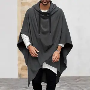 Men’s Trench Coat Cloak Jacket Mid-Length, Solid Gray Cotton