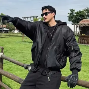 Warmth-Keeping Black Hooded Padded Flight Jacket for Men
