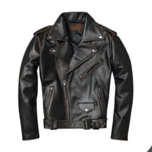 Genuine Cowhide Motorcycle Jacket for Men, Zipper Lapel