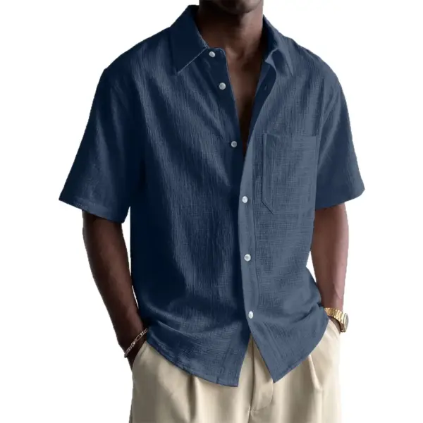 Breathable Cotton-Linen Pocket Loose Fit Short Sleeve Shirt