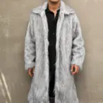 Warm Faux Fur Long Coat for Men with Fur Collar & Pockets
