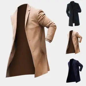 Slim Fit Long Men’s Trench Coat for Winter, Solid Khaki Black