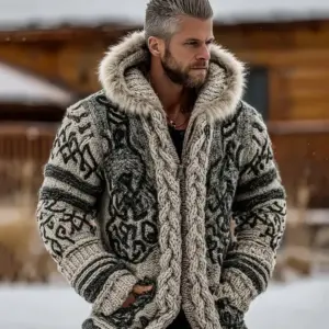 Warm Hooded Viking-Style Zip Jacket with Double Pockets