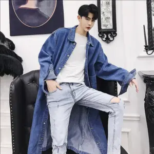 Denim Trench Coat for Men, Loose Fit Lapel Single Breasted