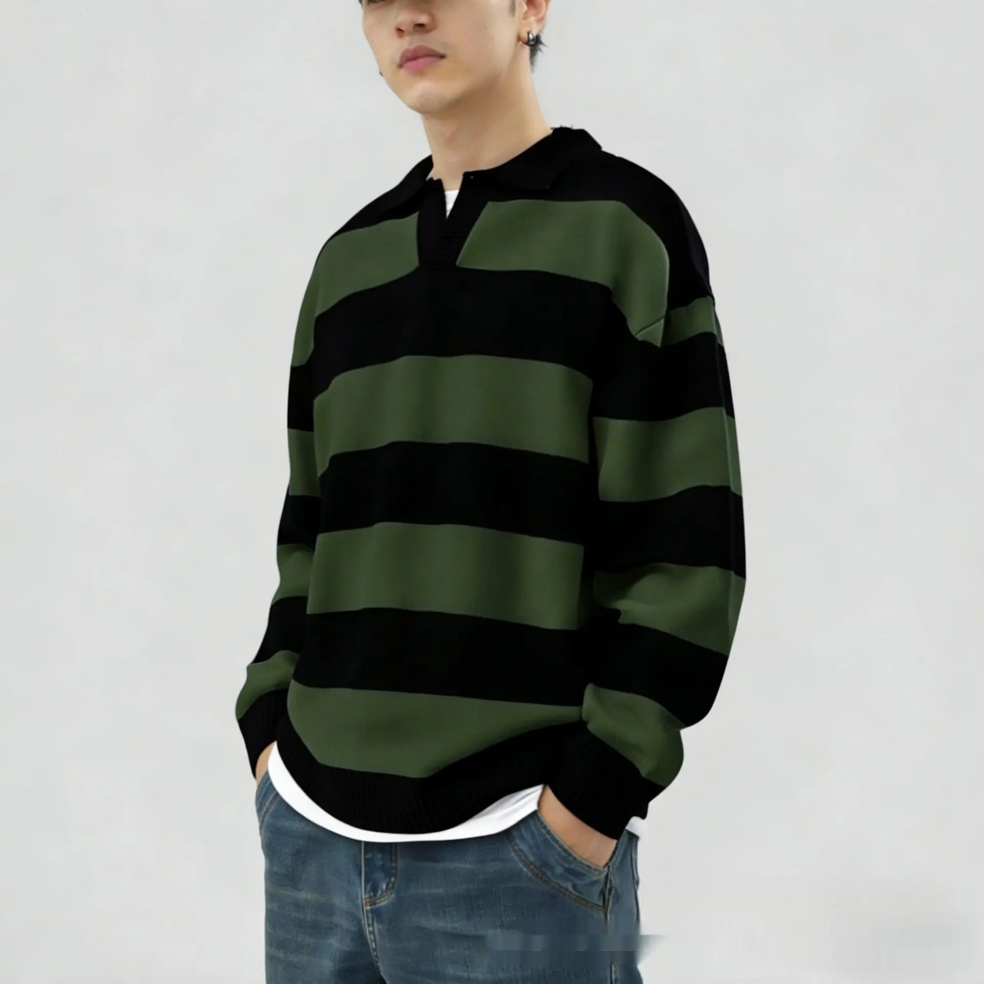 Green Men’s V-Neck Knit Sweater, Contrast Striped Long Sleeve Green Men’s V-Neck Knit Sweater, Contrast Striped Long Sleeve