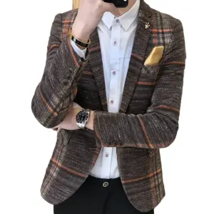 Slim Fit Plaid Men’s Blazer Jacket for Formal Wear