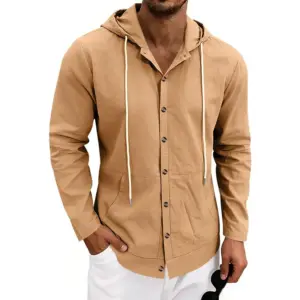 Loose-fit Men's Linen Casual Hooded Long-Sleeve Shirt