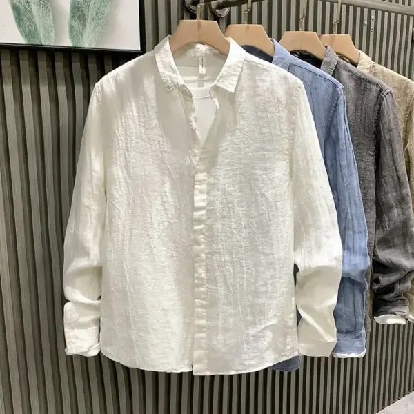 Wrinkle-Resistant Hidden-Pleat Linen Long-Sleeve Shirt
