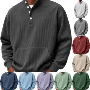Men’s Turtleneck Polo Sweatshirt with Pockets, Long Sleeve