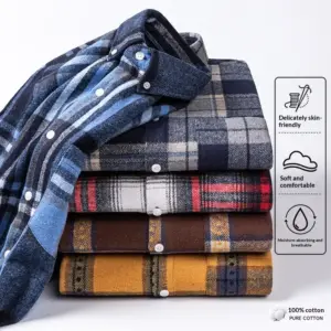 New Fuzzy-Brushed Plaid Mens Shirt Thickened Long-Sleeve Top