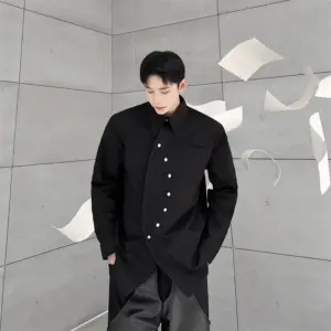 Slim Black Casual Shirt with Irregular Diagonal Buttons