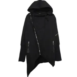 Asymmetric Gothic Black Trench Coat for Men with Hood