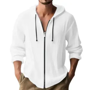 Solid Color Linen-Style Hooded Long-Sleeve Cardigan Hoodie