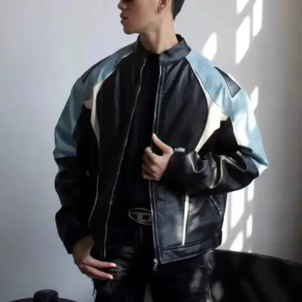 Windproof Leather Motorcycle Jacket for Men, Loose Fit
