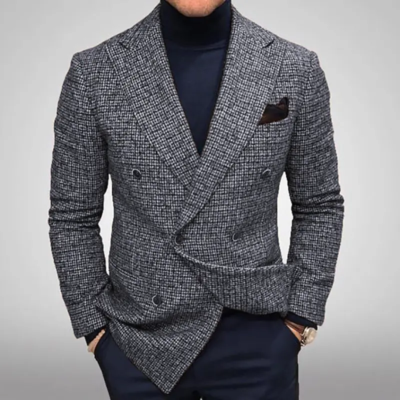 Slim Fit Plaid Blazer Jacket for Men, Double-Breasted