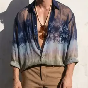 Breathable Men’s Tie Dye Ombre Sheer Shirt