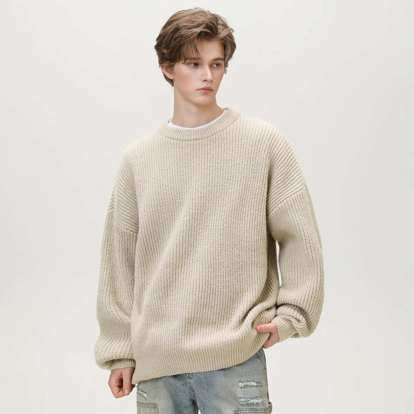 Textured Solid Color Knit Sweater for Casual, Loose Fit