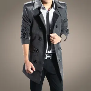 Warm Men’s Double-Breasted Wool Trench Coat w/ Cotton Lining