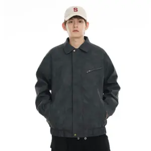 Retro Loose-Fit PU Leather Jacket for Men, Brown/Gray