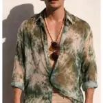 Lightweight Moss Green Marble Dye Sheer Shirt for Men