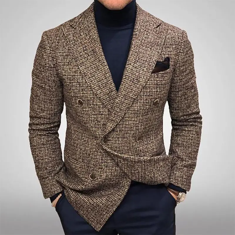 Slim Fit Plaid Blazer Jacket for Men, Double-Breasted