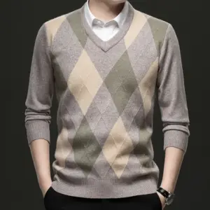 Warm Wool V-Neck Knitted Sweater for Men, Slim Fit