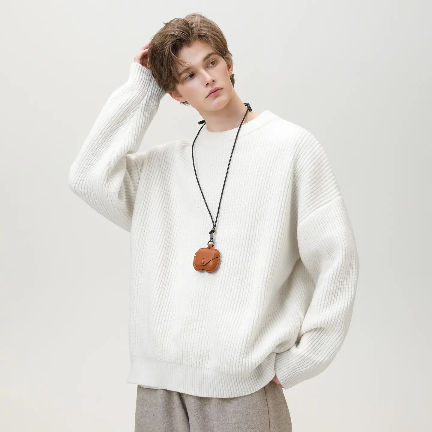 Textured Solid Color Knit Sweater for Casual, Loose Fit