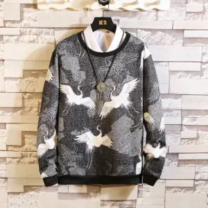 Lightweight Crane Print Polyester Sweatshirt for Men, Black/Blue