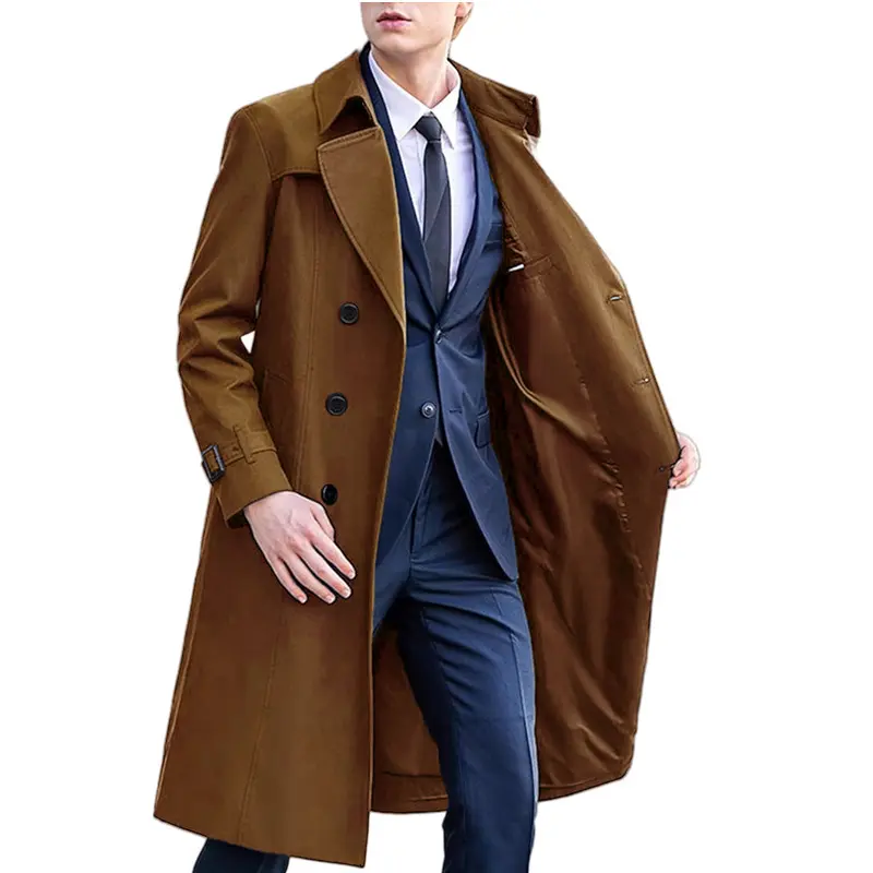 Men’s Long Trench Coat in Polyester Blend, Solid Color Men’s Long Trench Coat in Polyester Blend, Solid Color