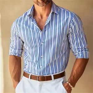 Cotton Lapel Button-Down Striped Collar Shirt for Men