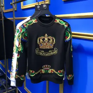 Loose Fit Men’s Cotton Sweater with Heavy Crown Embroidery