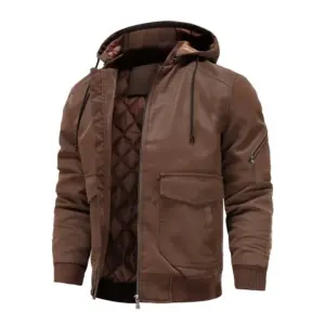Removable Hood Motorcycle Men’s Leather Jacket, Black