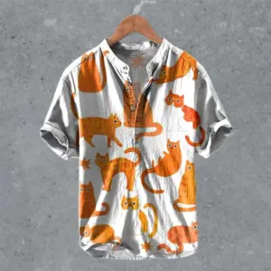 Men's Linen-Style Semi-Open Short Sleeve Shirt for Summer